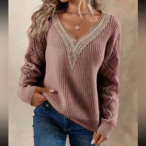 Comfy Sheer Lace V Neck Knit Swearer Top